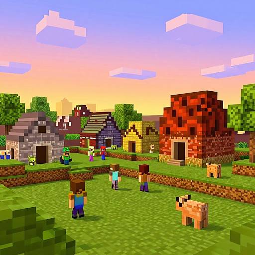 Pixel art village scene with colorful blocky houses, green grass, and a sunset sky. Players and a pig are in the foreground.