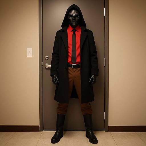 Photograph of a person in a black hooded mask, red shirt, black coat, brown pants, black gloves, and boots, standing in front