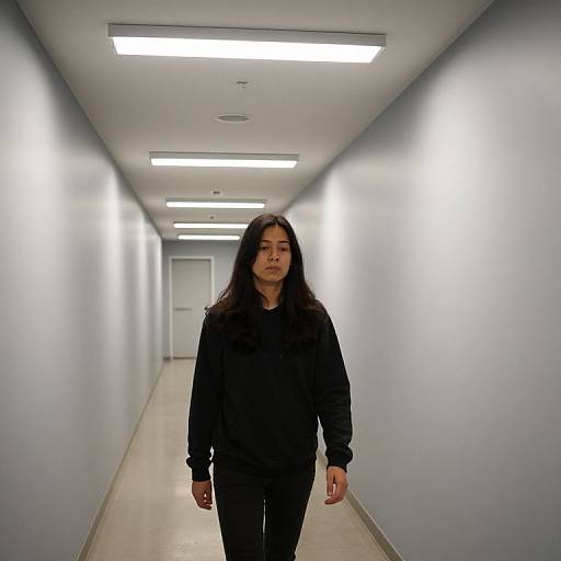 Photograph of a serious-looking woman with long dark hair, wearing a black outfit, walking down a brightly lit, minimalist, white-walled corridor.