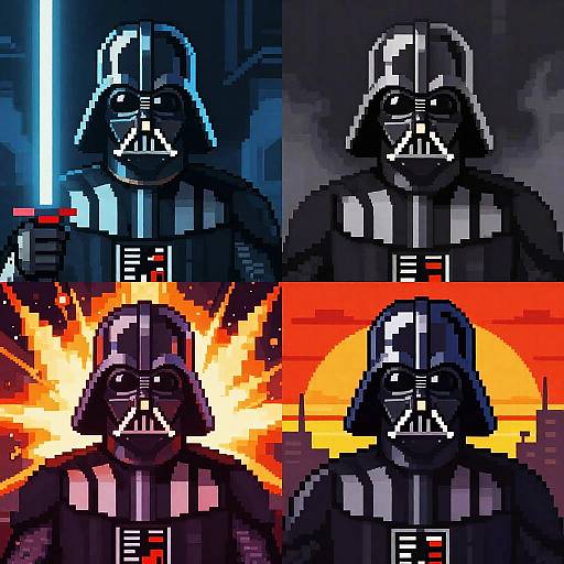 Pixel art of Darth Vader in four quadrants: blue-lit, dark, fiery explosion, and sunset; each quadrant showcasing different lighting and background.