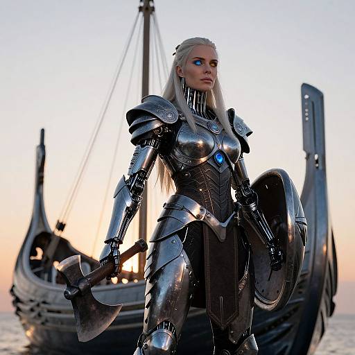 Digital art of a blonde, blue-eyed warrior woman in shiny, silver armor with a sword and shield, standing in front of a medieval ship at sunset