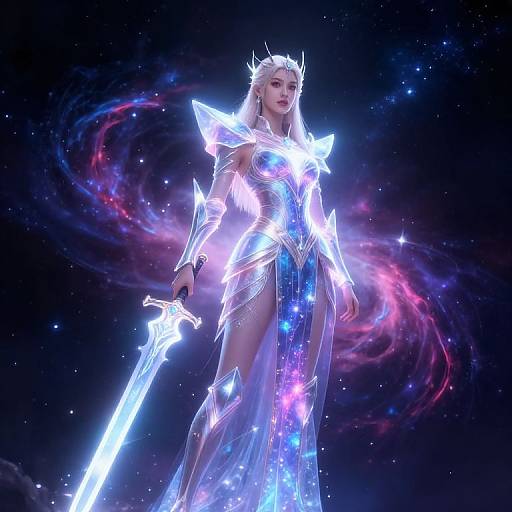 Digital fantasy artwork of a glowing, armored, white-haired female warrior with a crown, holding a bright, ethereal sword, standing against a cosmic,