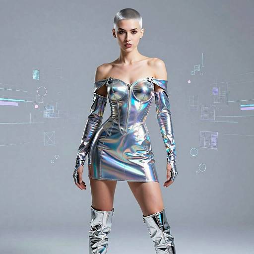 Cyberpunk-style CGI woman with silver metallic dress, off-shoulder sleeves, and thigh-high boots, standing against a futuristic, gray digital background