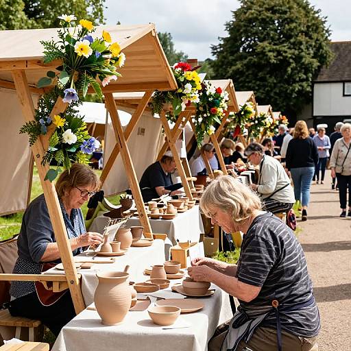 Photograph of outdoor pottery market: two older women, one with glasses, creating clay pots under wooden stalls adorned with colorful flowers. Sunlit, bustling