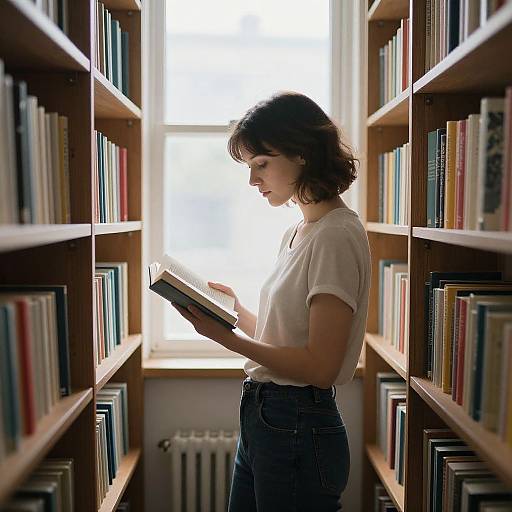 Photograph of a young woman with curly brown hair, wearing a white t-shirt and high-waisted jeans, reading a book in a sunlit