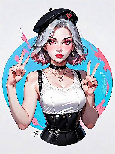 Stylish Woman in White Dress and Black Beret