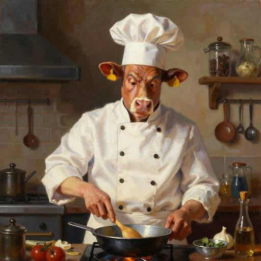 Humanoid Cow Chef in Rustic Kitchen