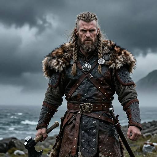 Photograph of a bearded, muscular Viking warrior with braided hair, wearing a fur-lined, armored tunic, holding an axe, standing on