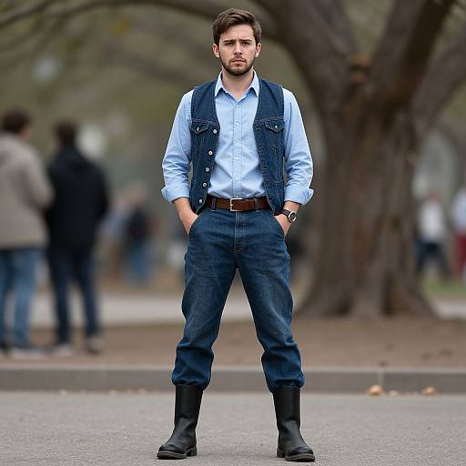 Photograph of a bearded man with brown hair, wearing a light blue shirt, dark blue vest, and jeans, standing confidently with hands in pockets