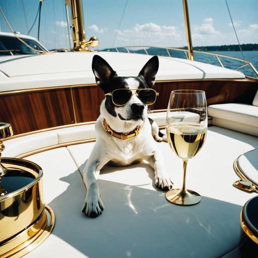 Dog Relaxing on Yacht with Champagne