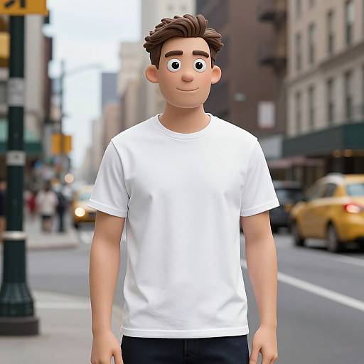CGI cartoon man with brown hair, white t-shirt, and black pants standing on a blurred city street with yellow taxis.