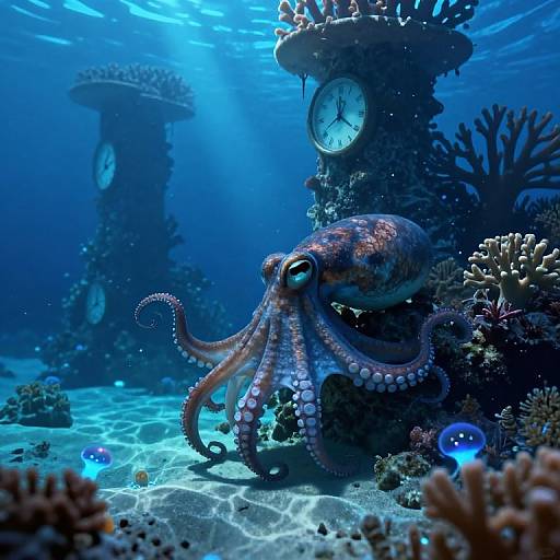 Photorealistic digital artwork of a blue-lit underwater scene with a colorful octopus interacting with two coral-encrusted clock pillars amidst vibrant coral