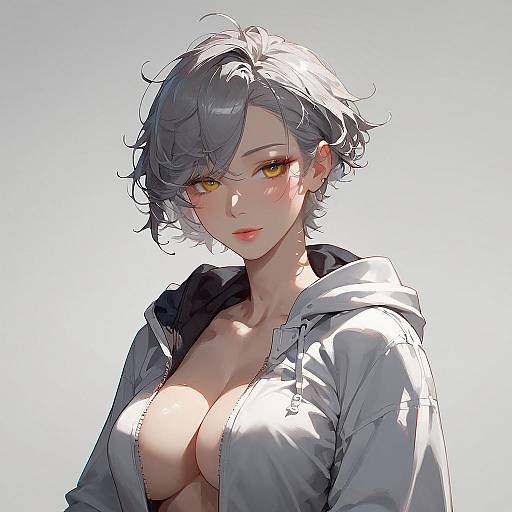 E-girl Gray Hair Yellow Eyes White Hoodie