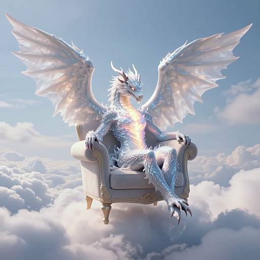 Digital artwork of a glowing, white-scaled dragon with large wings sitting regally on a cloud-like throne, floating above fluffy clouds against a bright blue