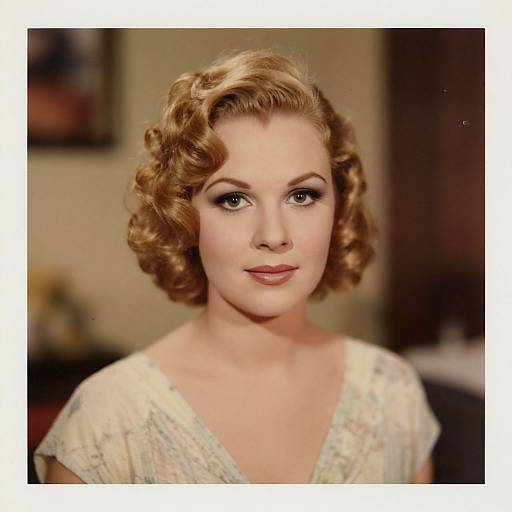 Photograph of a fair-skinned woman with vintage-style, curled blonde hair, wearing a light, floral-patterned dress, looking directly at the camera