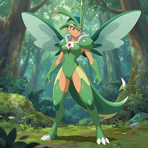 Digital artwork of a green, insect-like, humanoid Pokémon with large wings, standing confidently in a lush, sunlit forest. Vibrant colors, detailed