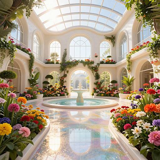 Photograph of a grand, sunlit greenhouse with a central fountain, surrounded by vibrant, multicolored flowers and lush greenery, under a glass