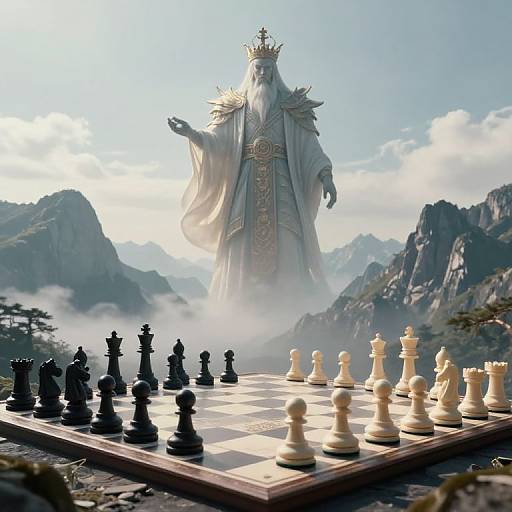 Digital art: Majestic, bearded, crown-wearing figure with ornate robe stands over a chessboard in a misty mountain landscape, pointing