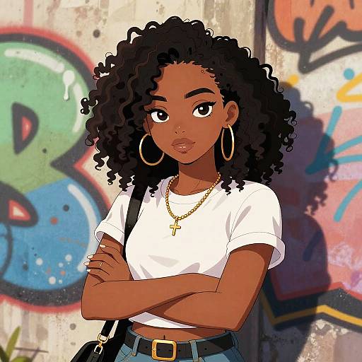 Digital illustration of a confident, dark-skinned woman with curly hair, wearing a white crop top, gold necklace, hoop earrings, and blue jeans,