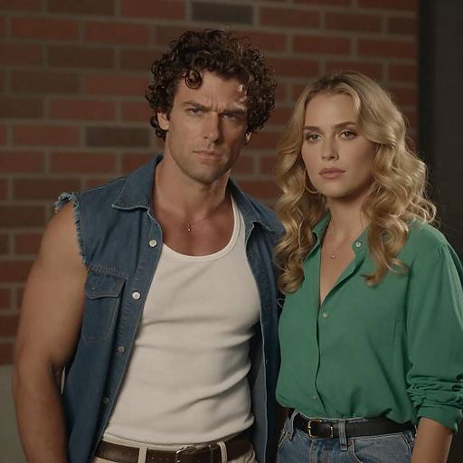 Portrait of muscular man and blonde woman against brick wall