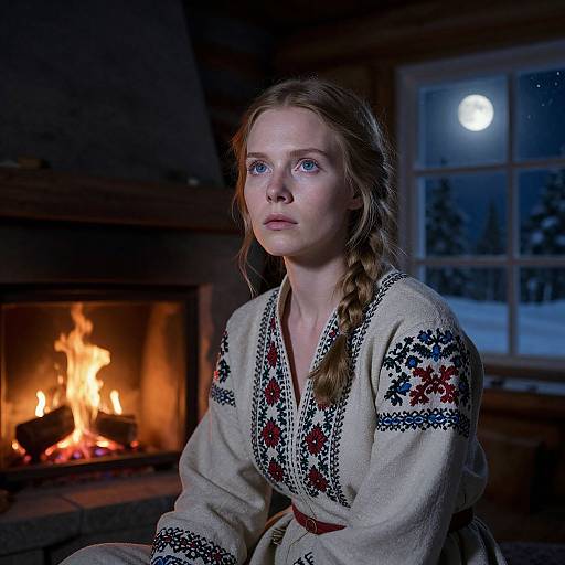 Photograph of a young blonde woman with fair skin, wearing a traditional Nordic knit dress, sitting by a glowing fireplace at night, with a full moon