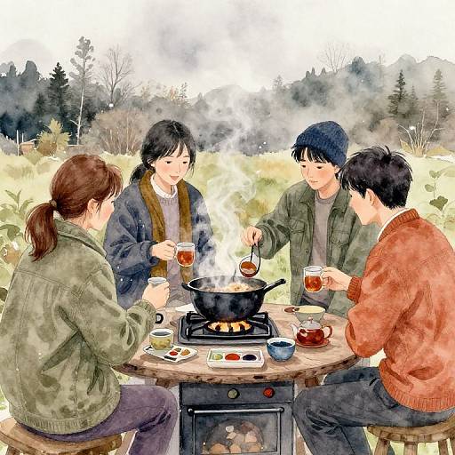 Friends Making Tea Outdoors in Watercolor Style