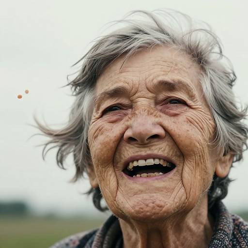 Close-up photograph of a smiling elderly woman with gray, wind-swept hair, wrinkled skin, and visible teeth, wearing a dark plaid