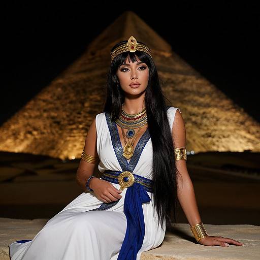 Photograph of an Asian woman with long black hair, wearing an Egyptian-inspired white dress with blue accents, gold jewelry, and headpiece, seated in