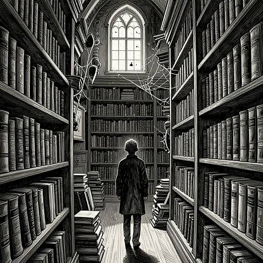 Eerie Pen-and-Ink Library Scene