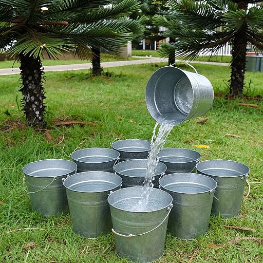 Photograph of metal buckets on grass, one tipped over pouring water into others, under pine trees with a blurred background.