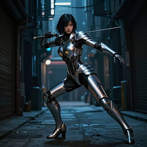 Digital art of an Asian woman in sleek, reflective silver armor, wielding a sword, in a dark, neon-lit urban alley.