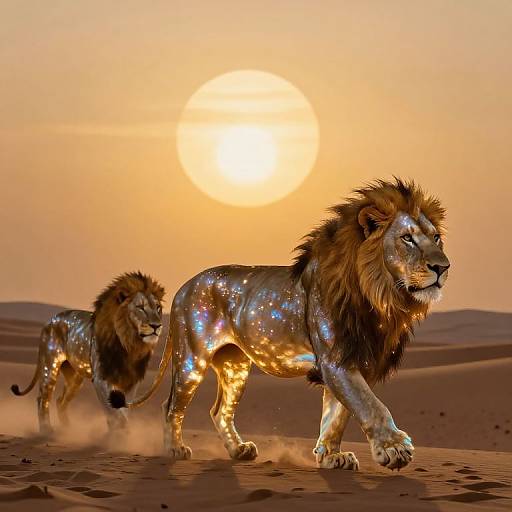 Digital artwork of two glittering, shimmering male lions with dark manes walking in a desert at sunset, with a glowing sun in the background.