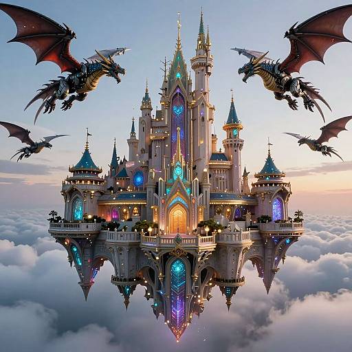 Futuristic Floating Castle with Mech Dragons