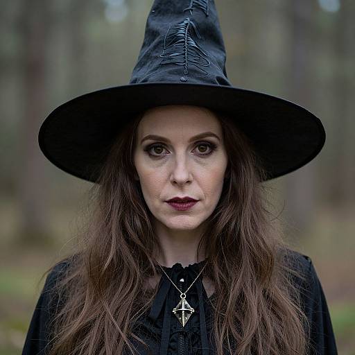 Photograph of a pale-skinned woman with long brown hair, wearing a black witch hat and dark clothing, with a pentagram necklace, in a