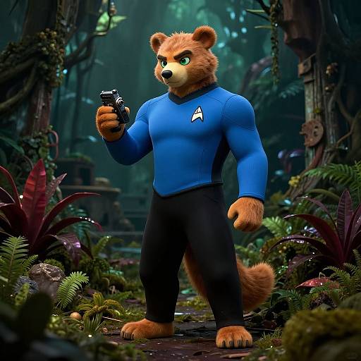 Digital artwork of an anthropomorphic bear in a blue Starfleet shirt holding a black pistol, standing in a lush, dark forest.