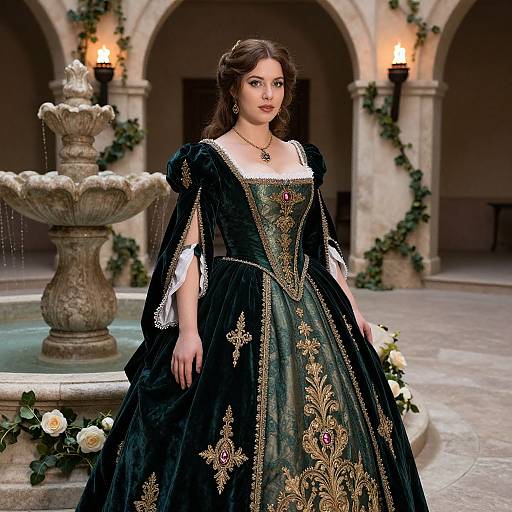 Photograph of a brunette woman in an ornate, green and black Renaissance-style gown with gold embroidery, standing in a stone courtyard with an elegant fountain