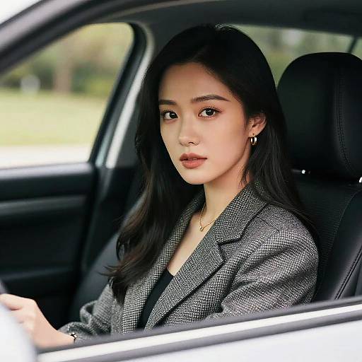 Photograph of an Asian woman with long black hair, wearing a gray houndstooth blazer, sitting in a car's driver seat, looking