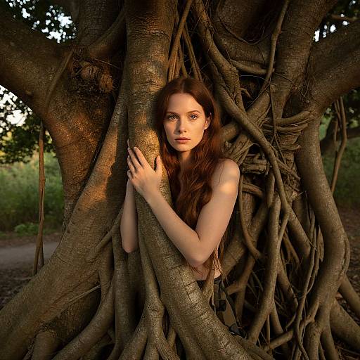 Photograph of a pale-skinned woman with long brown hair, holding a large tree trunk with intricate, winding roots, in a sunlit forest.