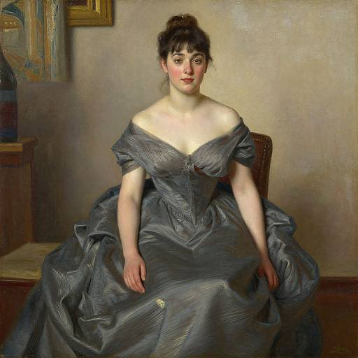 Photograph of a painting: A fair-skinned woman with dark hair in an updo, wearing an off-shoulder, gray satin ball gown