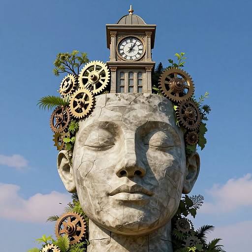 Photograph of a stone statue head with closed eyes, gears, clock, and greenery on top, against a clear blue sky.