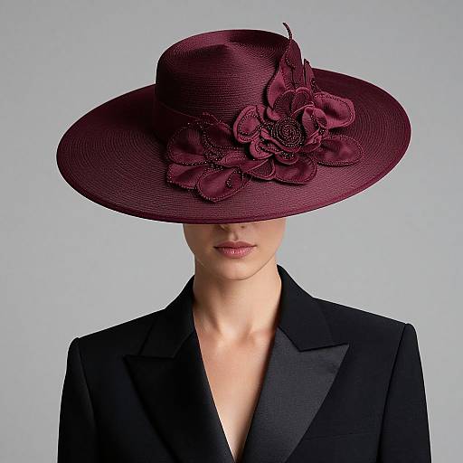 Photograph of a woman with fair skin wearing a dark purple wide-brimmed hat adorned with a large flower, in a black blazer, against