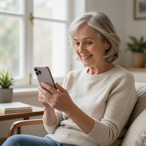 Photograph of a smiling elderly woman with short gray hair, wearing a beige sweater, sitting and using a smartphone in a brightly lit, cozy room.