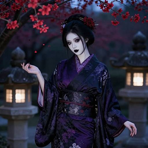 Digital artwork of a pale-skinned, dark-haired woman in a black floral kimono, standing under red cherry blossoms, illuminated by lanterns at