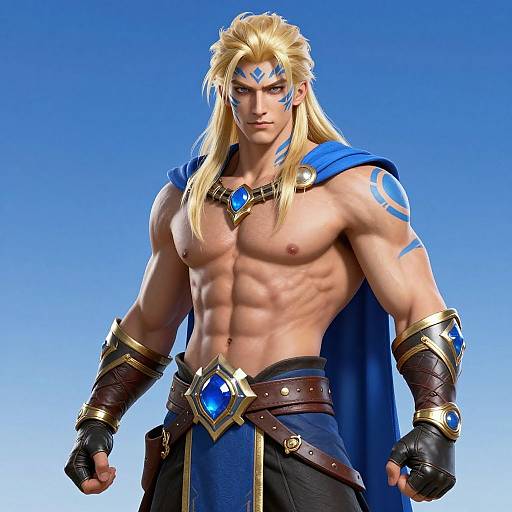 Digital art of a muscular, blonde-haired man with blue face paint, wearing a blue cape, arm guards, and belt with blue gems, standing against