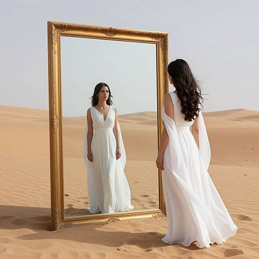 Photograph of a woman with long black hair in a white, sleeveless gown, standing in a desert, facing an ornate gold-framed mirror
