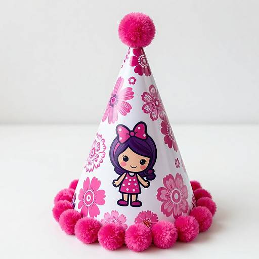 Cute, white, cone-shaped party hat with pink floral patterns, pink pom-pom top, and pink pom-pom trim, featuring a cartoon