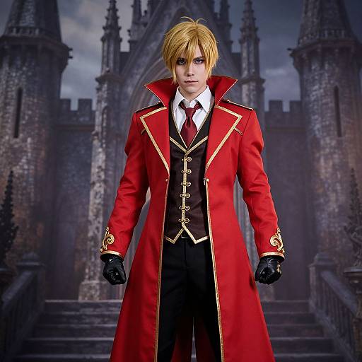 Digital artwork of a blond, blue-eyed man in a red coat with gold trim, black gloves, white shirt, and red tie, standing in front