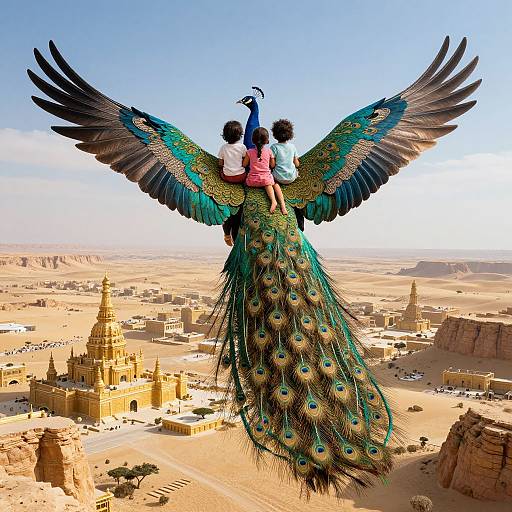 Photograph of a peacock with outstretched wings carrying two children over a desert cityscape with golden spires and sandy terrain.