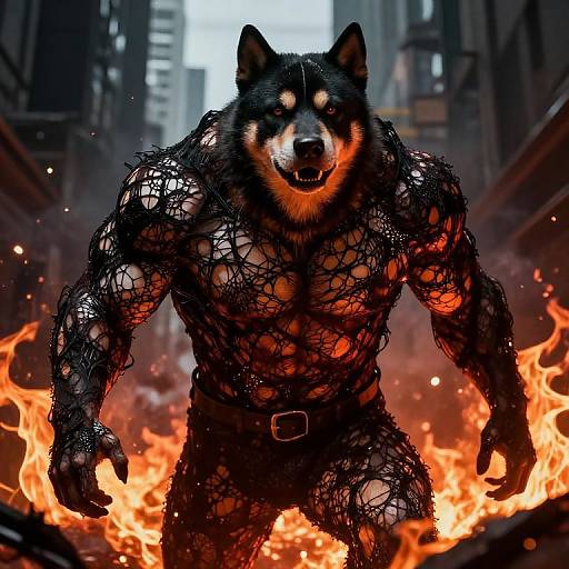 Digital artwork of a muscular, black-furred werewolf with glowing orange eyes, wearing a black, spider-web-like suit, standing amidst fiery flames in