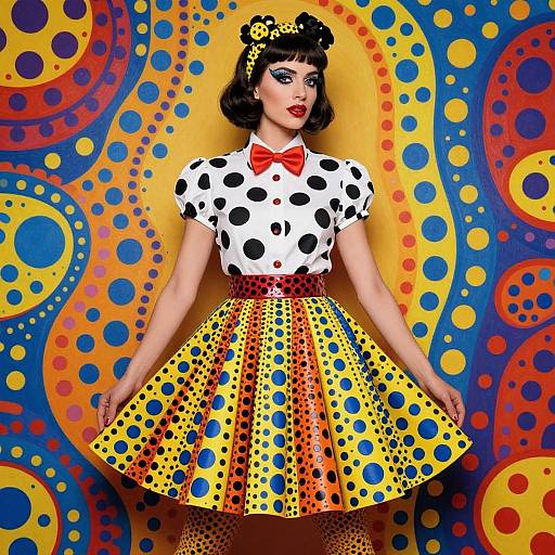 Vintage-style photograph of a woman with black bob haircut, red bow, white polka-dot top, yellow dotted skirt, against colorful, abstract background.